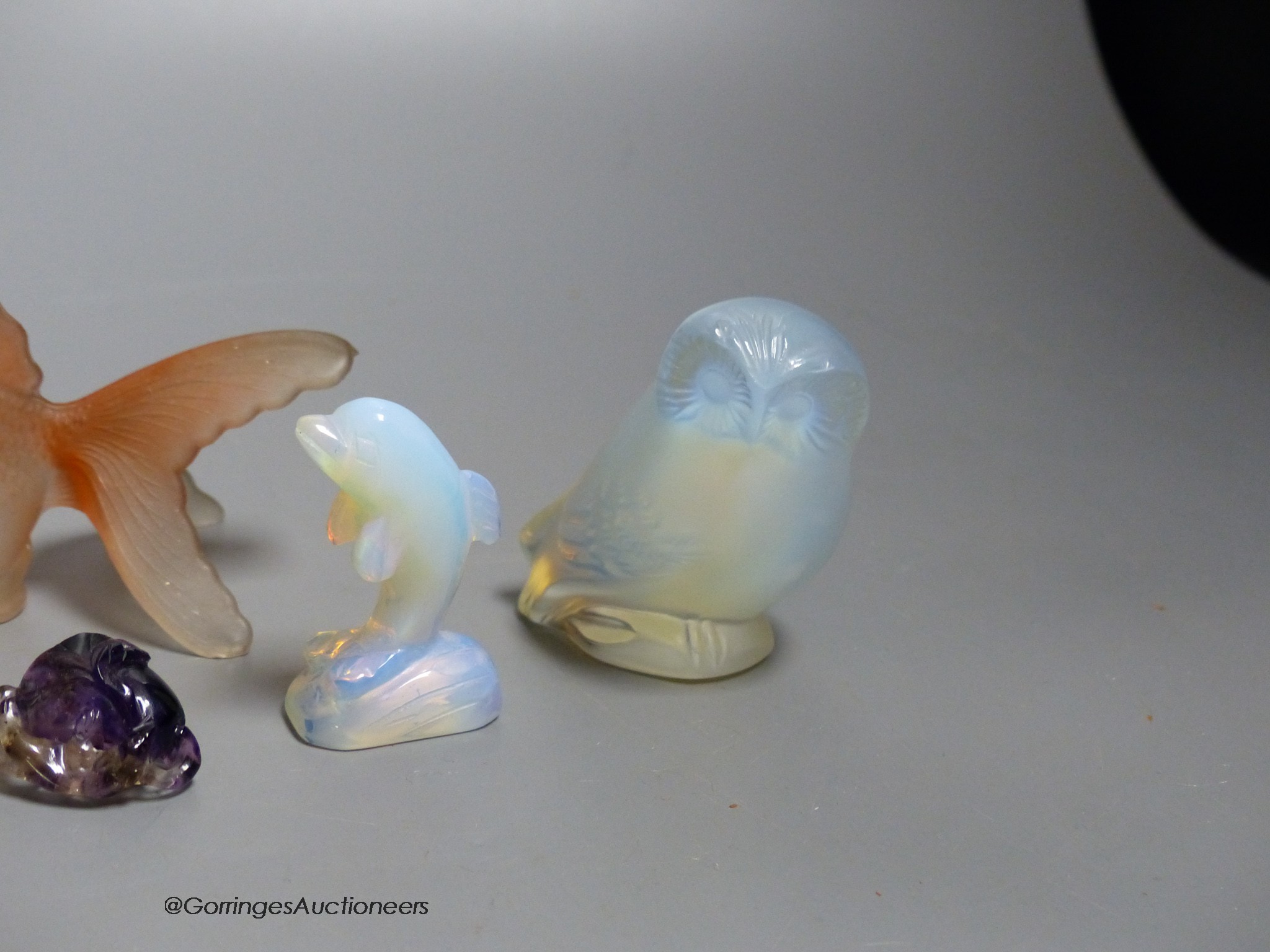 A Lalique owl, 6cm, and other miniature glass ornaments